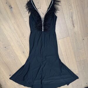 Camille La Vie Black Feather-Trim V-Neck Dress with Silver Trim